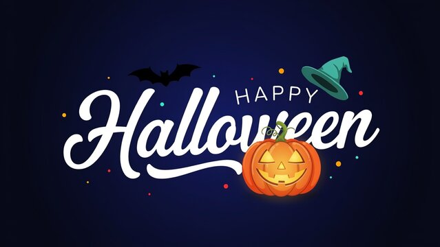 Happy Halloween greeting card design with pumpkin, witch hat and bat on dark background