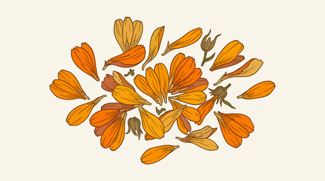Scattered orange and yellow calendula flower petals and buds on a light beige background, flat design illustration