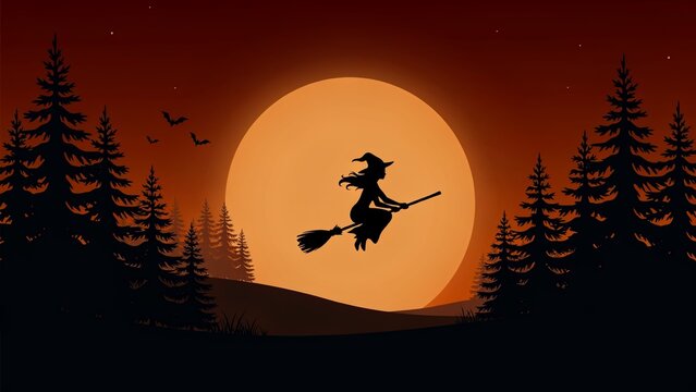 Witch flying on broomstick silhouette against a giant full moon in a dark forest at night
