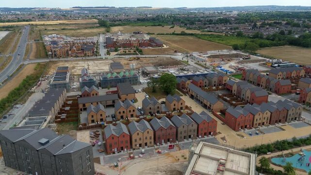 Aerial View of Modern New Build Housing Estate Development on the Outskirts of Luton UK