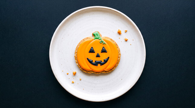 Delicious Halloween jack-o'-lantern cookie on white plate with crumbs for festive celebration