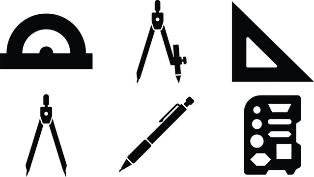 Set of black silhouette drafting and geometry tools including compass protractor ruler with geometry