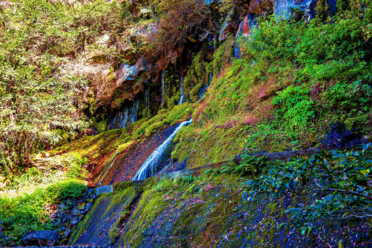 Little waterfalls cascade down the hillside in Takachiho Gorge during autumn in Miyazaki Prefecture, Japan