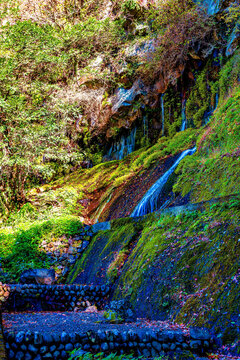 Little waterfalls cascade down a hillside surrounded by greenery in autumn at Takachiho Gorge in Japan