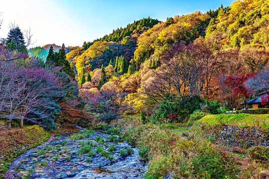 Autumn colors fill the landscape near Shiramizu Falls in Oita, Kyushu on a clear day in Japan