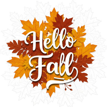 Hello fall autumn leaves design element isolated on transparent background