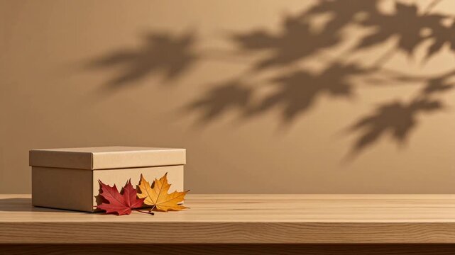 Blank Kraft Gift Box with Autumn Maple Leaves and Copy Space