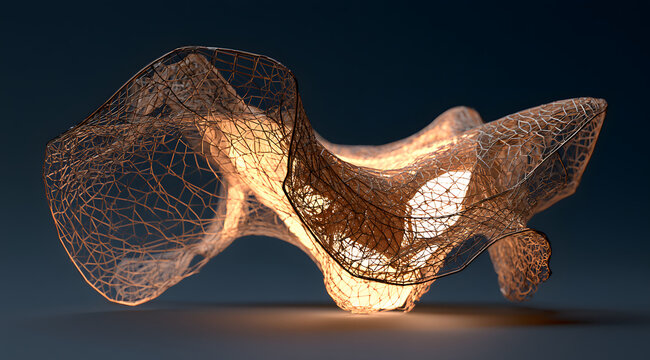 A detailed geometric sculpture featuring an open mesh pattern. The internal illumination highlights the intricate interconnected design. This abstract art style conjures modern sophistication and forw