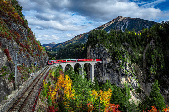 Bernina Express train on Landwasser Viaduct, Filisur, Graubunden, Switzerland