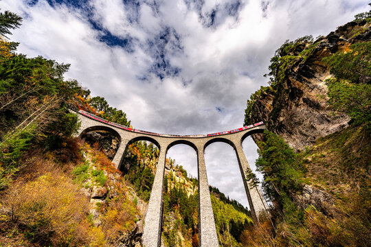 Low angle view of Bernina Express on Landwasser Viaduct, Filisur, Graubunden, Switzerland