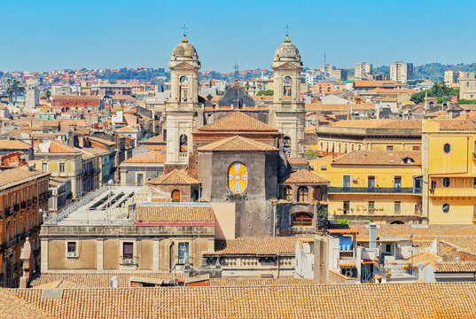 Catania city centre view including the domes of San Francesco church, Catania, Catania province, Sicily, Italy