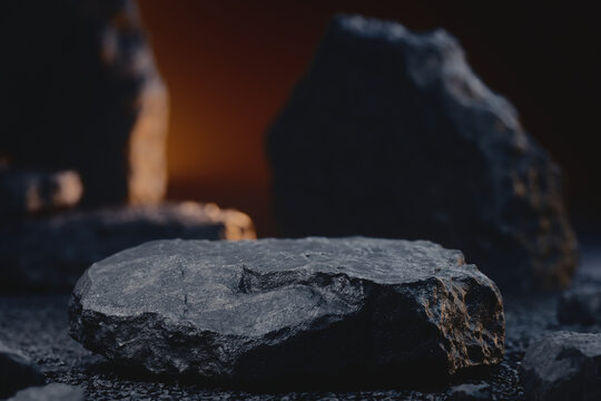 Dramatic 3D render of a black stone podium with sharp edges, selective focus macro mockup of an empty display stage for cosmetics and beauty products in warm moody lighting with copy space.