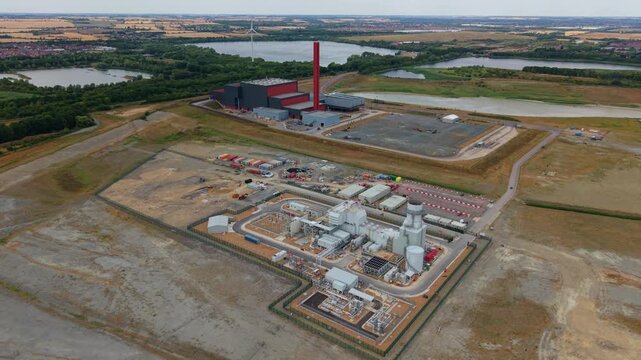 Aerial view of waste to energy facility and gas peaking power station in Bedfordshire UK