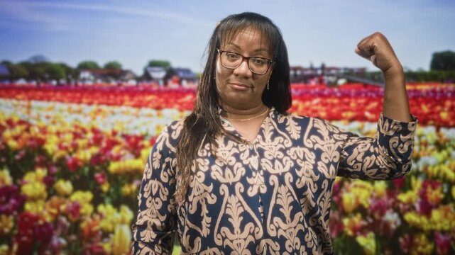 Woman with glasses flexes arm showing bicep in studio set with tulip field; confidence empowerment resilience.