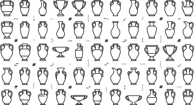 Ancient amphorae and chalices form a repeating pattern on a white background amphora