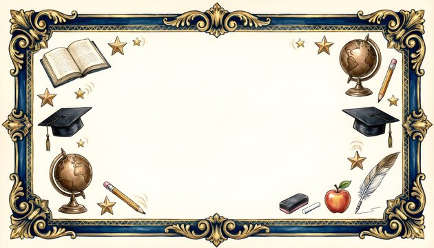 Educational diploma frame featuring elegant gold filigree borders with hand drawn school supplies including graduation caps open books spinning globes wooden pencils quill pens red 