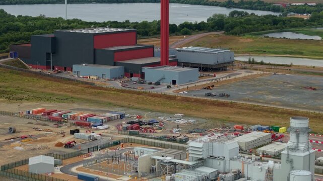 Aerial View of Co-Located Waste to Energy Recovery Facility and Gas Turbine Peaking Power Plant Near Bedford UK