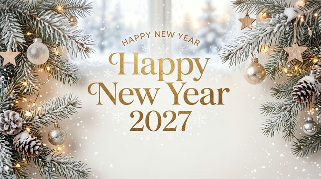Elegant happy new year 2027 greeting card with snowy fir branches and glowing golden festive lights