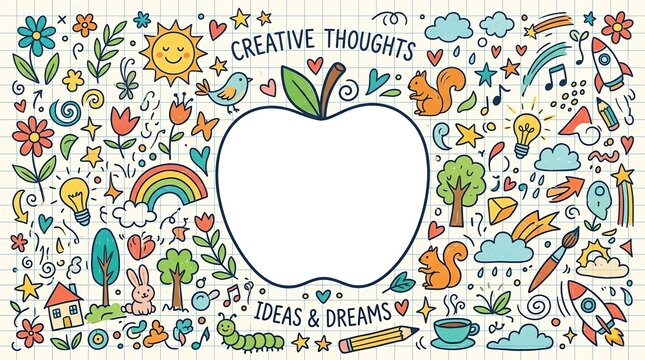 Hand drawn doodle background with a large white apple shape in the center for creative thinking concepts
