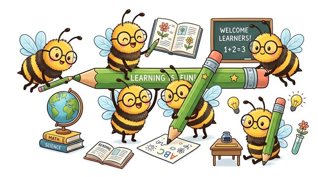 Cute cartoon bees studying in a classroom with school supplies books and a globe on white background