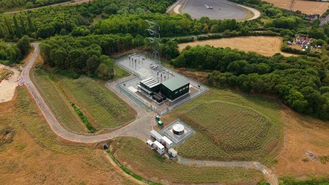 Aerial View of 400kV Electrical Substation and High Voltage Power Grid Infrastructure near Stewartby Bedford UK