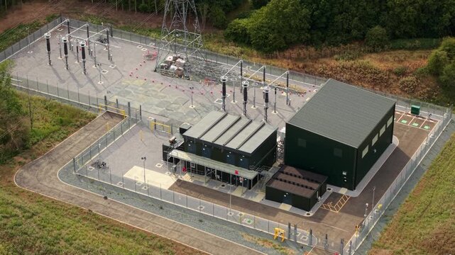 Aerial View of 400kV Electrical Substation and High Voltage Power Grid Infrastructure near Stewartby Bedford UK