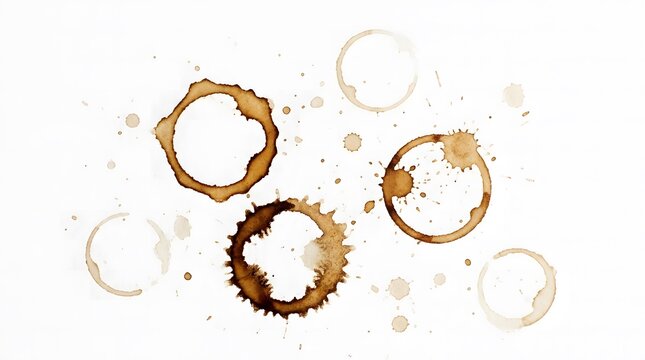 Coffee cup rings and brown liquid stains isolated on a white background