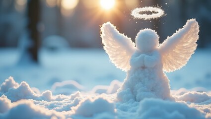 Fototapeta premium Close-up of a snow angel with angel wings and halo drawn blurred winter yard fun