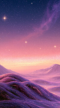 Purple Cosmic Hills Framing a Pink Glowing Starfield for Vertical Phone Wallpaper