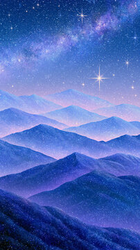Layered Blue Mountains Beneath Lavender Galaxy Stars for Mobile Wallpaper