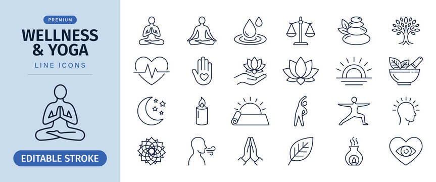 Wellness and yoga line icon set for healthy lifestyle and meditation exercise, vector illustration 