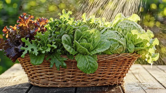 Fresh organic lettuce and leafy greens in wicker basket being sprayed with water on wooden table