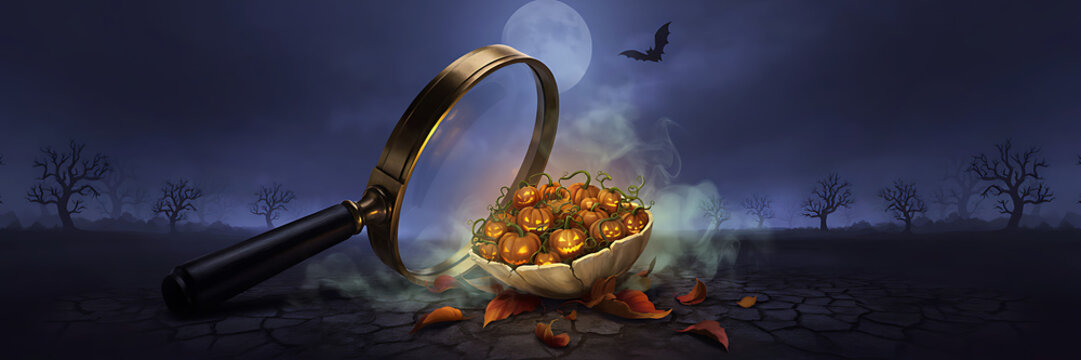 A large magnifying glass positioned over a bowl filled with small carved jack-o-lantern pumpkins on a dark, cracked ground at night with a bat
