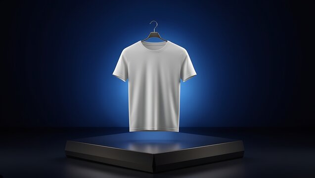 White t shirt mockup on 3d blue stage background