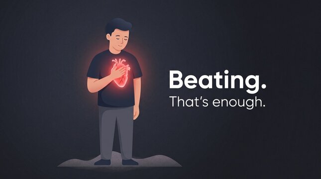 Young man holding his chest with a glowing heart and beating that's enough text vector illustration