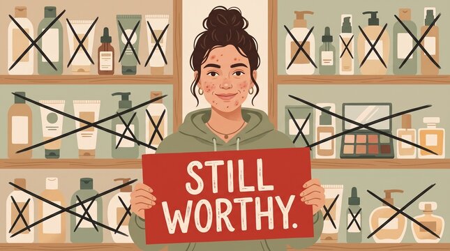 Smiling woman with acne holding still worthy sign in front of crossed out skincare products vector illustration