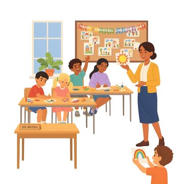 Teacher and students in a classroom celebrating universal childrens day with projects