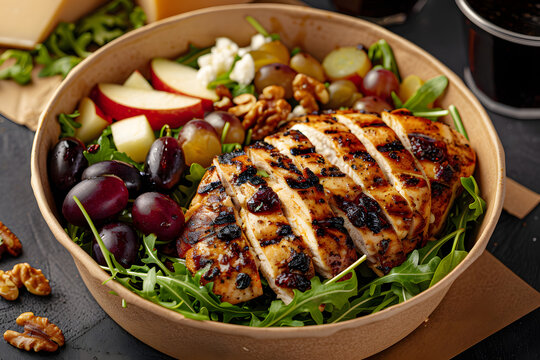 Healthy grilled chicken salad with fresh sliced red apples sweet grapes crunchy walnuts creamy feta cheese over green arugula leaves in a sustainable brown cardboard takeaway bowl for lunch.
