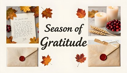 Fototapeta premium Season of Gratitude Thanksgiving Collage Background with Vintage Letters, Wax Seals, Candles and Cranberries