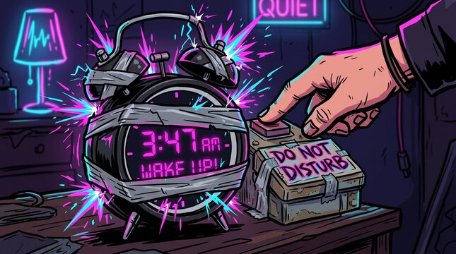 Comic style vector illustration of a hand hitting a do not disturb button to silence a taped exploding alarm clock at night