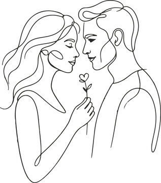 Couple exchanging flower in tender embrace with minimalist line art style illustration