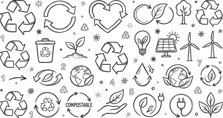 Fototapeta premium Environmental sustainability elements including recycling symbols leaves and renewable energy sources in a vector illustration