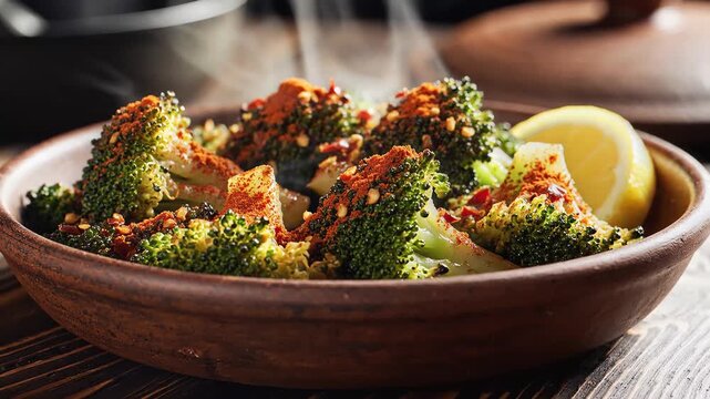 Spicy steamed broccoli with lemon in rustic clay bowl with rising steam