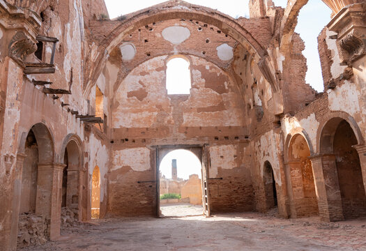 Ruined Church Interior with Bell Tower in Belchite Old Town, Zaragoza, Spain