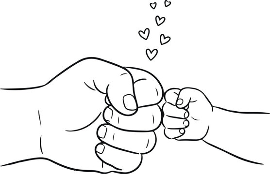 Hand drawn parent and baby fist bump illustration with floating hearts in black and white line art style