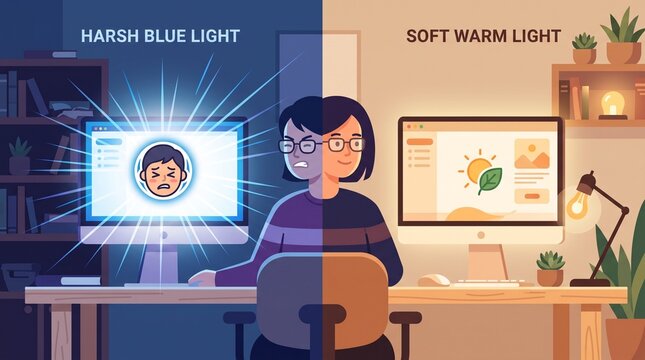 Blue Light vs Warm Light Computer Screen Eye Strain Vector Illustration