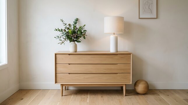 Modern wooden minimalist console table with potted plant and warm lighting in neutral living space