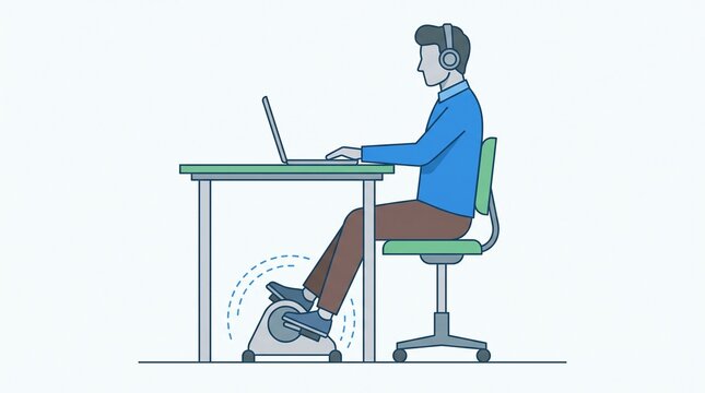 Man Using Under Desk Exercise Bike While Working on Laptop Vector Illustration