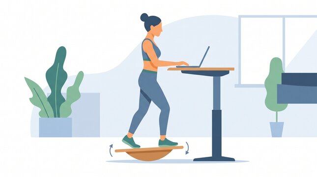 Woman Working at Standing Desk on Balance Board Vector Illustration