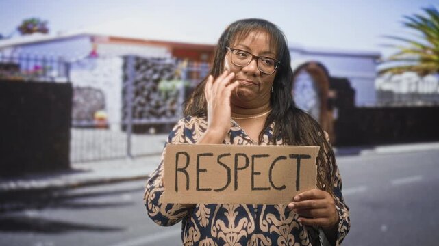 Woman holding cardboard sign reading respect, finger to cheek gesture on street near building entrance; dignity determination.